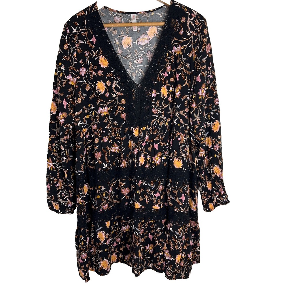 Dark Boho Top Womens Floral Tunic Size XXL 2XL Peasant Cottage Prairie Western